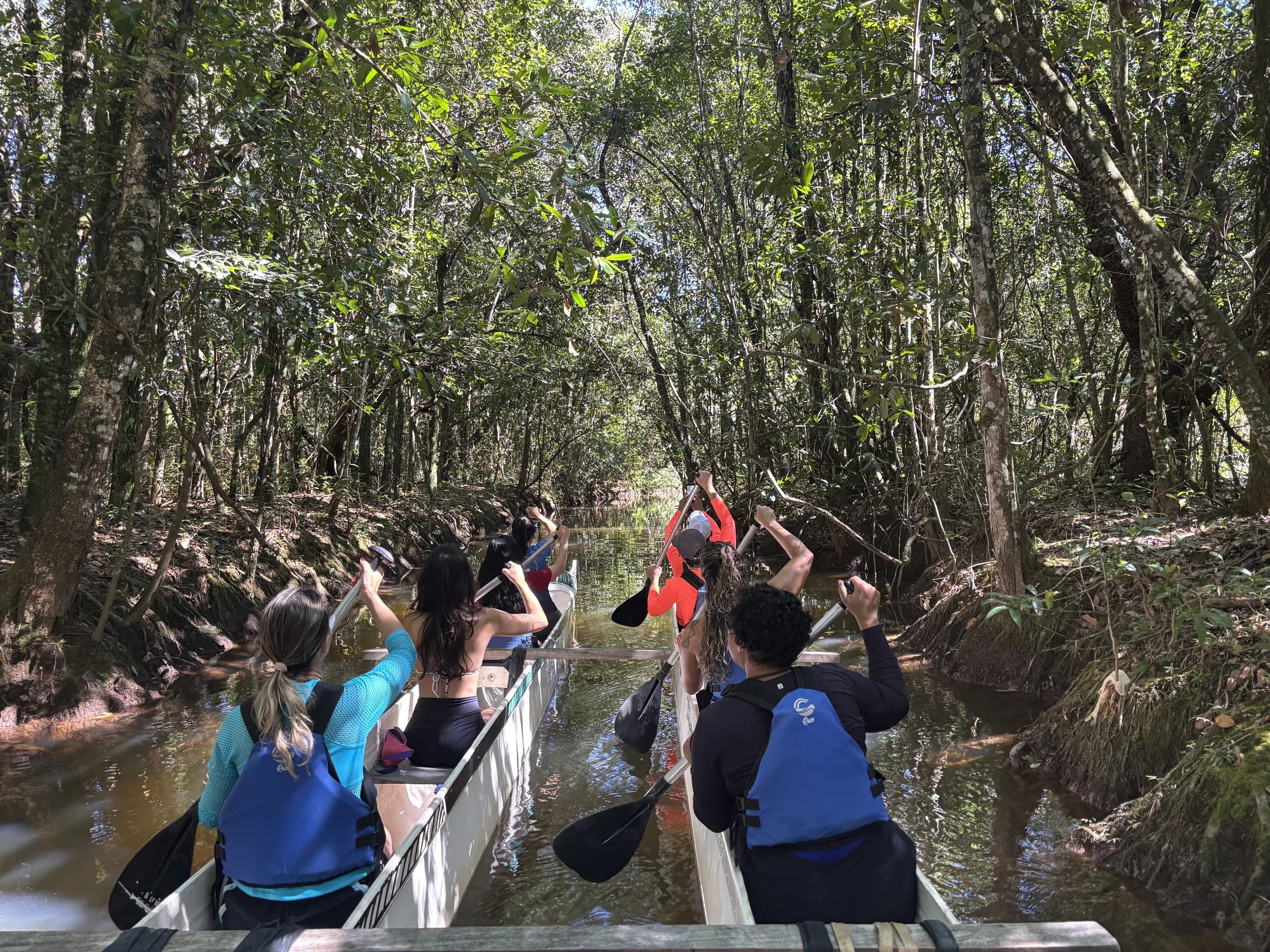 Grupo remando no corredor natural