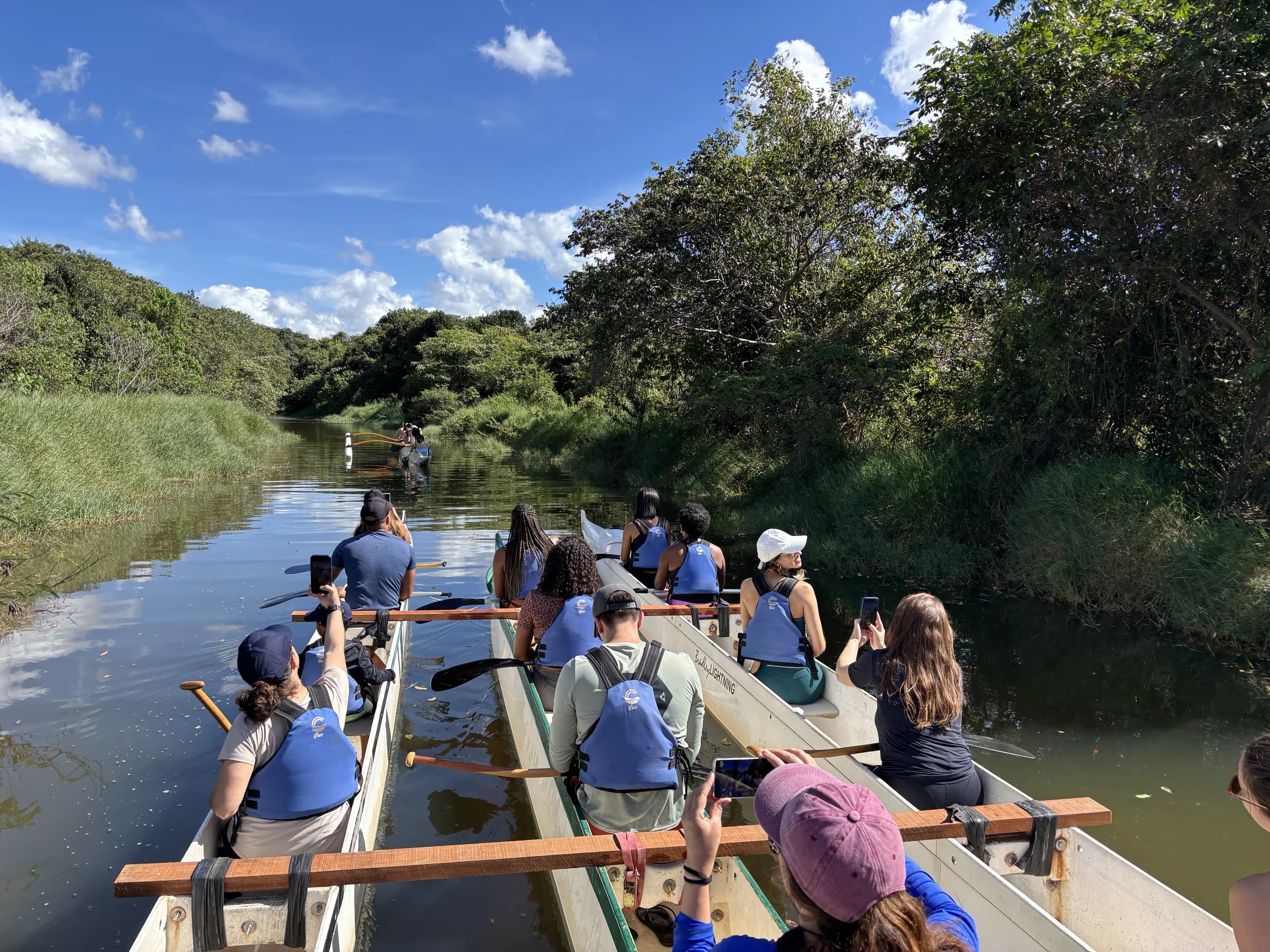 Grupo navegando de canoa em uma paisagem verde